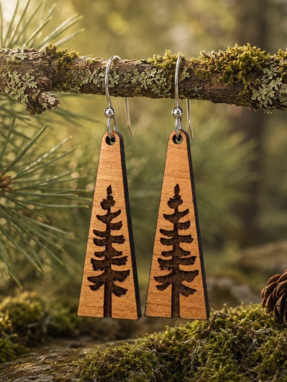 Pine Tree Earrings Rustic Woodland Dangles Hand Crafted